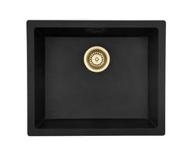 Lavabo Jupiter 600 UN køkkenvask i sort komposit med firkantet kumme og messingfarvet afløb.