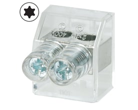 Klar dobbelt samlemuffe til 10 mm² ledning med Torx10 kærv, viser to skruer og en solid metalforbindelse indeni.