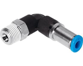 Festo vinkel-forskruning selvafspærrende QSKL-3/8-12 med 360° justerbar push-in L-fitting i metal og plast, vist på hvid baggrund.