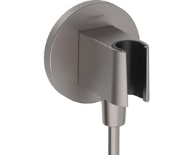 Hansgrohe FixFit S slangeudtag med bruserholder i børstet sort krom, med synligt logo.