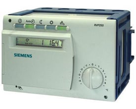 Siemens RVP350 varmeregulator til 1 varmekreds og varmt brugsvand, vist med temperaturvælger og digitalt display.