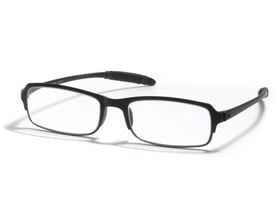 Sort Activewear 9912-læsebrille med klare, rektangulære linser og styrke +1,5, set skråt forfra med stængerne åbne.