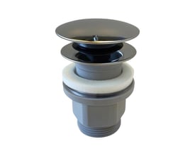 Detaljeret billede af Ideal Standard push open bundventil, der viser krom topcover og grå plastdel med hvid tætningsring.