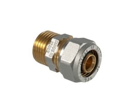 Nippelovergang af messing og aluminium med 16 mm kompressionsfitting og 1/2" gevind, fremstillet i Italien.