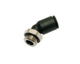 Parker 45° vinkel med udvendigt G1/2 BSPP gevind og 10mm kobling af sort teknisk polymer på hvid baggrund.