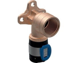 Detaljeret rendering af Geberit FlowFit dækvinkel 90°, visende det blyfri rødgods materiale og 1/2" muffegevind.