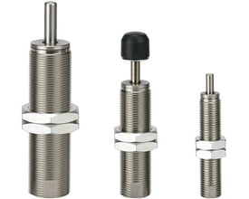 SMC RJ2015HU støddæmpere i tre forskellige størrelser, med synlige gevind og spændeskiver, vist på hvid baggrund.