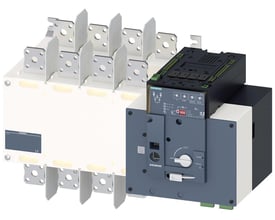 Siemens SENTRON 3KC8 ATSE overførsel kontakt, 4-polet, 1000A, med sort kontrolmodul og grå/hvid hovedenhed på isoleret baggrund.