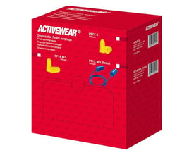 Rød emballage til Activewear AW PF2X S gule ørepropper med trykte illustrationer af propperne.