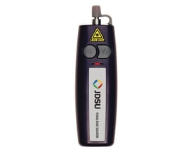 JDSU FFL-050 lommemodel visual fault locator med knapper til lys og tænd/sluk samt LED-indikator på mørkeblå overflade.