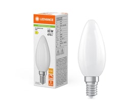 Emballage og Ledvance LED kertepære 470lm, 3,4W/827, E14 dæmpbar, med tekniske specifikationer som energi D, 2700K og 15.000 timers levetid.