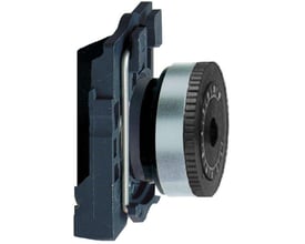 Schneider Electric potentiometergreb ZB5AD922 i sort plast med en sølvfarvet ring og hvid baggrund.