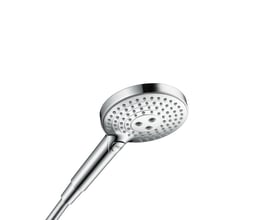 Hansgrohe AX S 120 håndbruser i krom, viser et nærbillede af brusehovedet med tre strålemønstre og Select-knap.