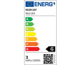 Energimærke for Nielsen Light LED pære, der viser energiklasse G og 3 kWh/1000h.