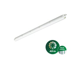 Hvidt Philips CoreLine WT120C Gen3 industriarmatur på 1200 mm med All-in- og Multi Lumen-symboler.