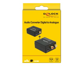 Delock digital-til-analog-lydconverter på gul emballage med illustration af den sorte enhed og RCA-tilslutninger.