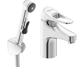 FM Mattsson 9000XE håndvaskarmatur i krom med selvlukkende bruser og et-grebs betjening på hvid baggrund.