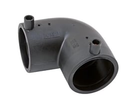 AVK Fusamatic elsvejsevinkel 25 mm 90° i sort PE SDR11 PN16 med fuldautomatisk aflæsning via Auto-Pin på hvid baggrund.