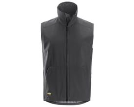 Snickers Workwear AllroundWork softshellvest i koksgrå, str. S, med synligt Snickers logo på fronten.