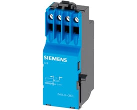 Siemens Universal udløser 12 V DC, en kompakt blå komponent med tydelig SIEMENS-logo og tekniske diagrammer på forsiden, monteret på en grå baggrund.