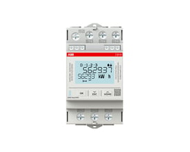 ABB 3-faset energimåler med direkte måling op til 65A, M-bus og MID godkendelse. Viser digitalt display med måleværdier og knapper til betjening.