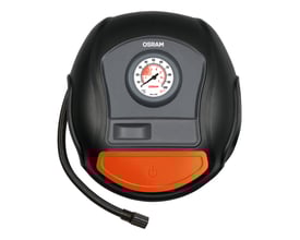 Osram Tyreinflate 200 analog dækpumpe med sort hus, orange tænd/sluk-knap og et manometer der viser dæktryk.