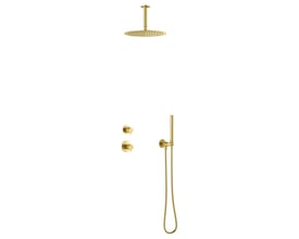 Damixa Iris termostatbatteri i børstet messing viser indbygningsdele, rund hovedbruser og stick håndbruser med slange.