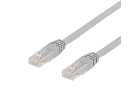 Deltaco U/UTP Cat6 patchkabel på 1.5 meter i grå LSZH-materiale med to RJ45-stik på hvid baggrund.