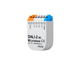 Jumitech DALI-2 MC input modul med integreret applikationskontroller og terminaler til DALI, T1, T2, T3, T4 og COM.