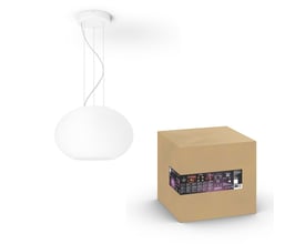 Hvid Philips Hue Flourish-pendel med oval skærm og ophæng vist sammen med sin emballage.