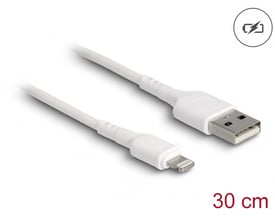 Delock USB til Lightning ladekabel i hvid, 30 cm, med standard USB-A og 8-pin Apple Lightning stik.