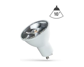 SpectrumLED GU10 LED-spot på 6 W med hvidt hus, reflektorfront og 10° fokuseret lysvinkel.