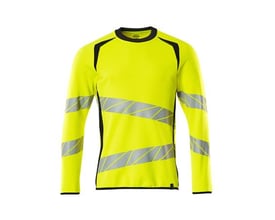 Mascot Hi-Vis gul sweatshirt i størrelse S, med skrå reflekser på ærmer og krop samt mørk marine detaljer.