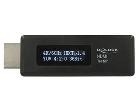 Sort Delock HDMI-tester med HDMI-stik og OLED-display, der viser opløsning, HDCP-status og farvedybde.