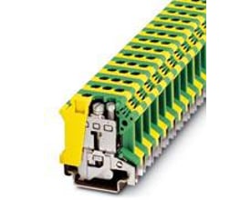 Phoenix Contact jordklemme UISLKG 16, grøn/gul, vist med skruetilslutning og monteret på række.