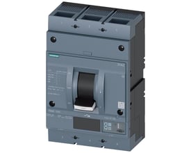 Siemens 3VA2 maksimalafbryder, 3-polet, 630A, med LSIG beskyttelse og 55kA brydeevne, vist forfra med håndtag og display.
