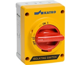 Katko 3-polet sikkerhedsafbryder, 80A, i gul og rød med tydeligt Katko logo og teksten "ISOLATING SWITCH".