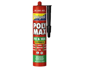 Unipak Poly Max Fix & Seal sort fugemasse og lim i rød patron med en lang sort dyse ved siden af.