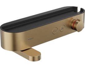 Hansgrohe ShowerTablet Select termostatarmatur i børstet bronze med integreret hylde, 2 udtag og betjeningsknapper.