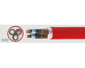 HELUKABEL N2XSEY mellemspændingskabel med 3 ledere, 6/10 KV, 3x150RM/25, vist i tværsnit og længdesnit med rød yderkappe og RoHS-mærke.