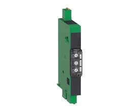 Schneider Electric signalkontakt GV4A i grøn og sort til DIN-skinne montering, viser kontrolknapper og indstillinger.