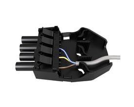 Ansell Lighting AFIX 4P plug konnektor med quick-klemmer og testport, vist med 20mm kabel monteret og ledningerne synlige.