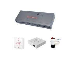 Danfoss Icon2 trådløs gulvvarmestyring til 12 kredse med styreenhed, rumtermostat, Ally Bridge og termoaktuator.