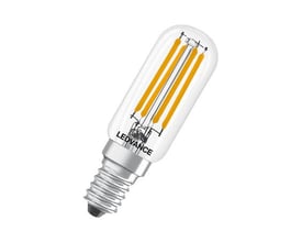 Ledvance LED T26 pære med klar glas og synlige filamenter, E14 fatning, 4W, 470lm, 2700K varmt lys, vist isoleret på hvid baggrund.
