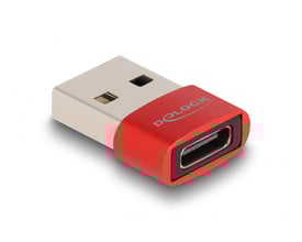 DeLock USB 2.0 adapter i rød med USB Type-A hanstik og USB Type-C hunport, viser et kompakt og robust design.