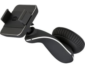 Goobay mobilholder til bilrude i sort plast med justerbare arme og en kraftig sugekop monteret på en drejbar arm.