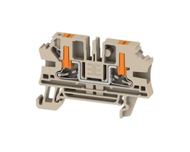 Detaljeret snitbillede af Weidmüller AL2C 4 gennemgangsklemme, der viser den interne PUSH IN-mekanisme og beige polypropylen materiale.