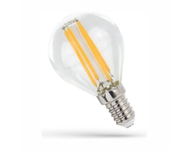 SpectrumLED LED-pære med klar, rund G45-form, synlige kultråde og E14-fatning, 4 W og varmt lys på 2700 K.