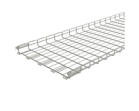 Detaljeret vinkel af Legrand gitterbakke FC med Fasclic+ samling, viser det rustfri 316L materiale og gitterstrukturen.