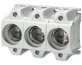 Siemens 3-polet DII sikringsfod i grå plast med berøringsbeskyttelse og dobbeltfunktionsklemmer.